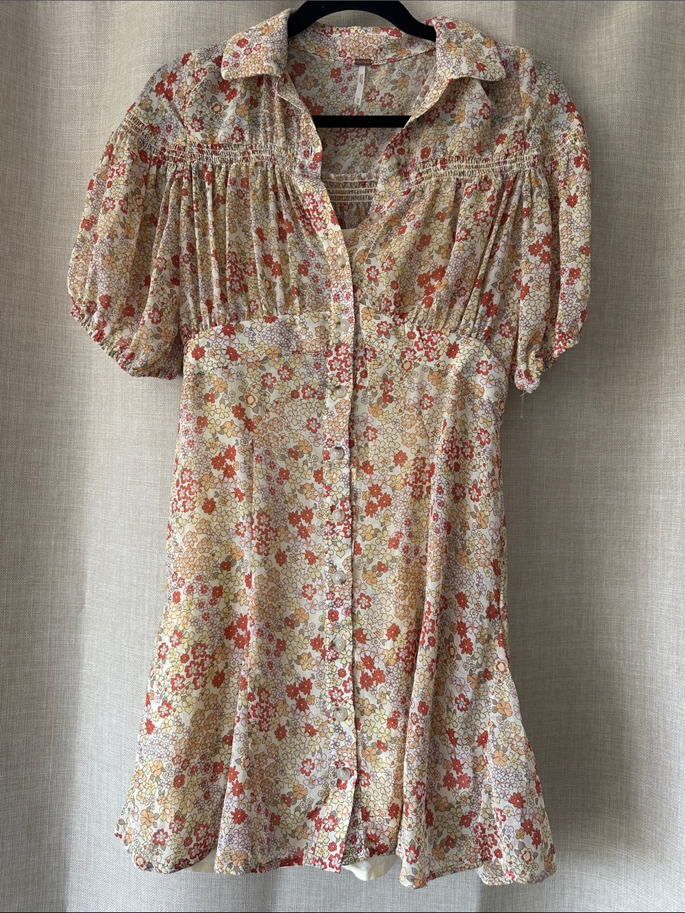 Free People Floral Button-Front Mini Dress in Cream & Rust with Slip Sz XS  NWOT